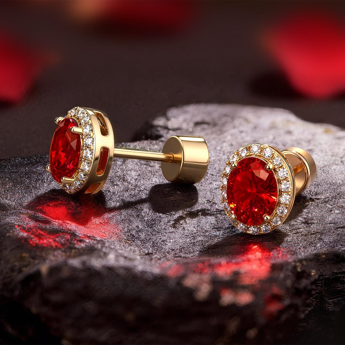 Sterling Silver 2.4 CT.TW Lab-Created Ruby Oval Stud Earrings With 14K Gold Plating (Includes GRC Certification From Gemstone Research Center)