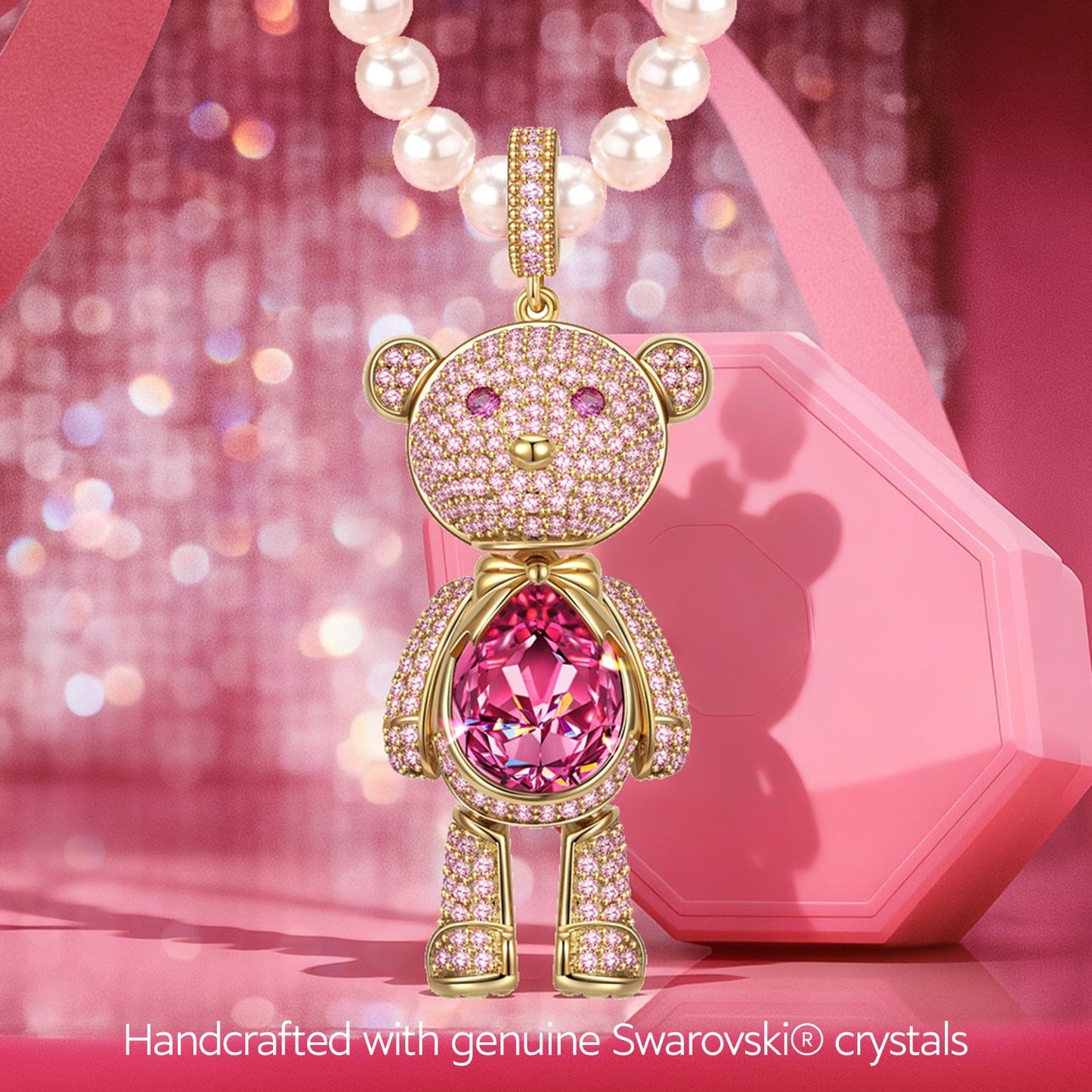 Forever Teddy Bear Pendant Tarnish-resistant Silver Pearl Necklace In 14K Gold Plated -Created With SWAROVSKI® Crystals