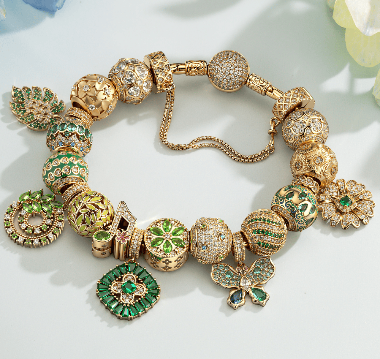 Sterling Silver Butterfly Petal Waltz Charms Bracelet Set In 14K Gold Plated (Includes bracelet and all charms shown)