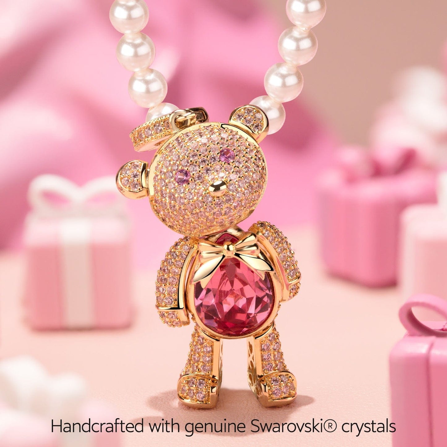 Forever Teddy Bear Pendant Tarnish-resistant Silver Pearl Necklace In 14K Gold Plated -Created With SWAROVSKI® Crystals