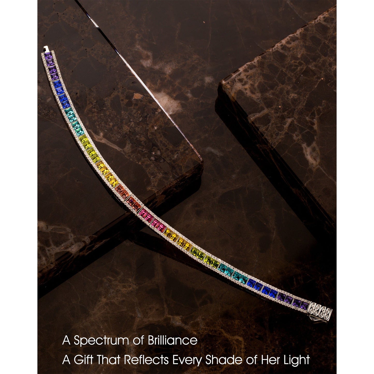 Rainbow Color Cascade Tennis Bracelet - White Gold Plated, Handcrafted with Swarovski® Crystals