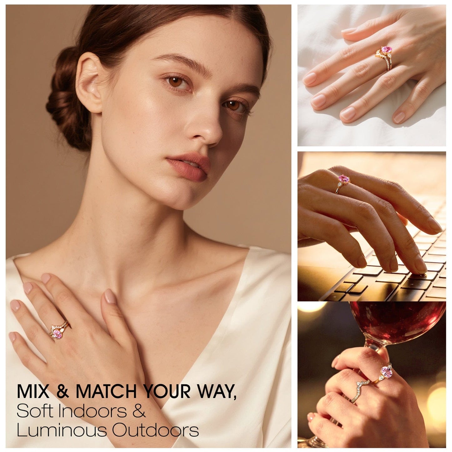 Oval Brilliant Cut Fancy Vivid Rose Hue Lab-Certified Pink Sapphire - Classic Stackable Ring Sets 14K Yellow Gold Plated (Includes GRC Certification from Gemstone Research Center)