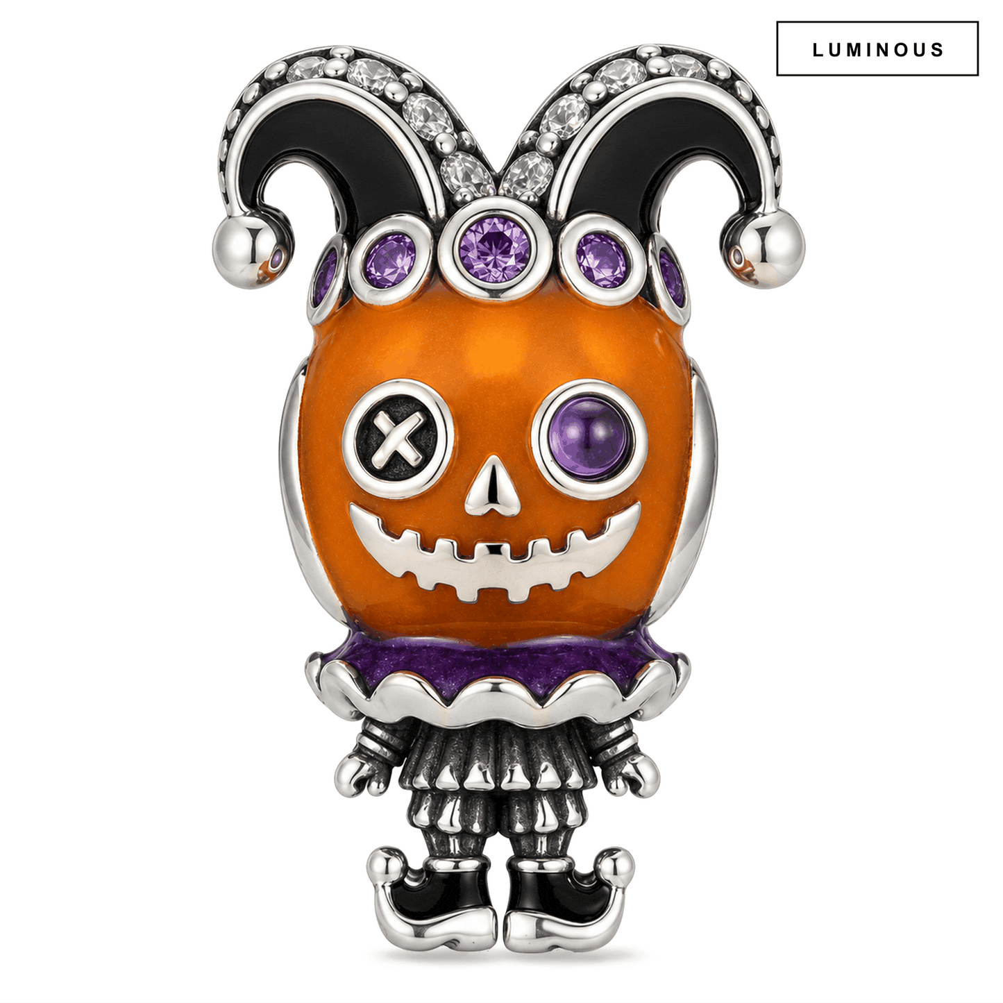 Blackened Solid 925 Sterling Silver Pumpkin Jester Dangle Charm With Purple Enamel