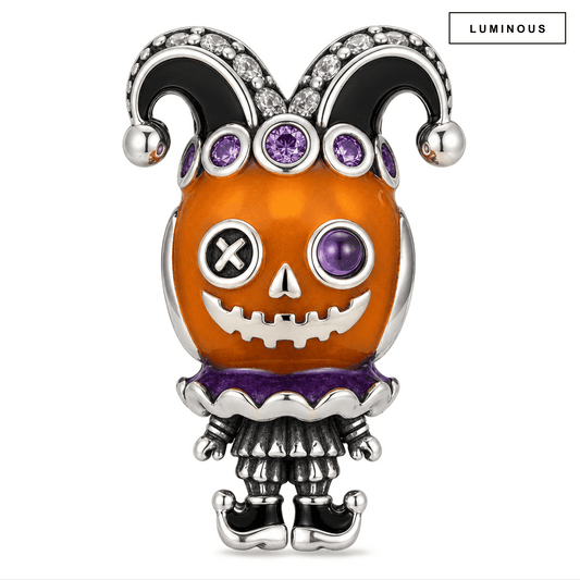gona- Blackened Solid 925 Sterling Silver Pumpkin Jester Dangle Charm With Purple Enamel