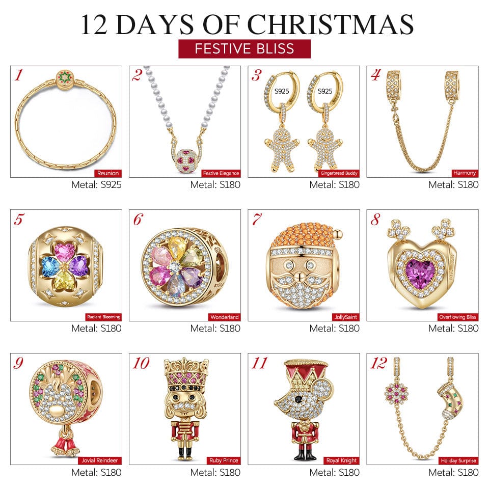 Limited Edition - The Iconic Advent Calendar - 12 Days Of Christmas Fine Jewelry Gift Set: Sterling Silver Festive Hearts Charms Earrings and Necklace and Bracelet Set With Enamel In 14K Gold Plated