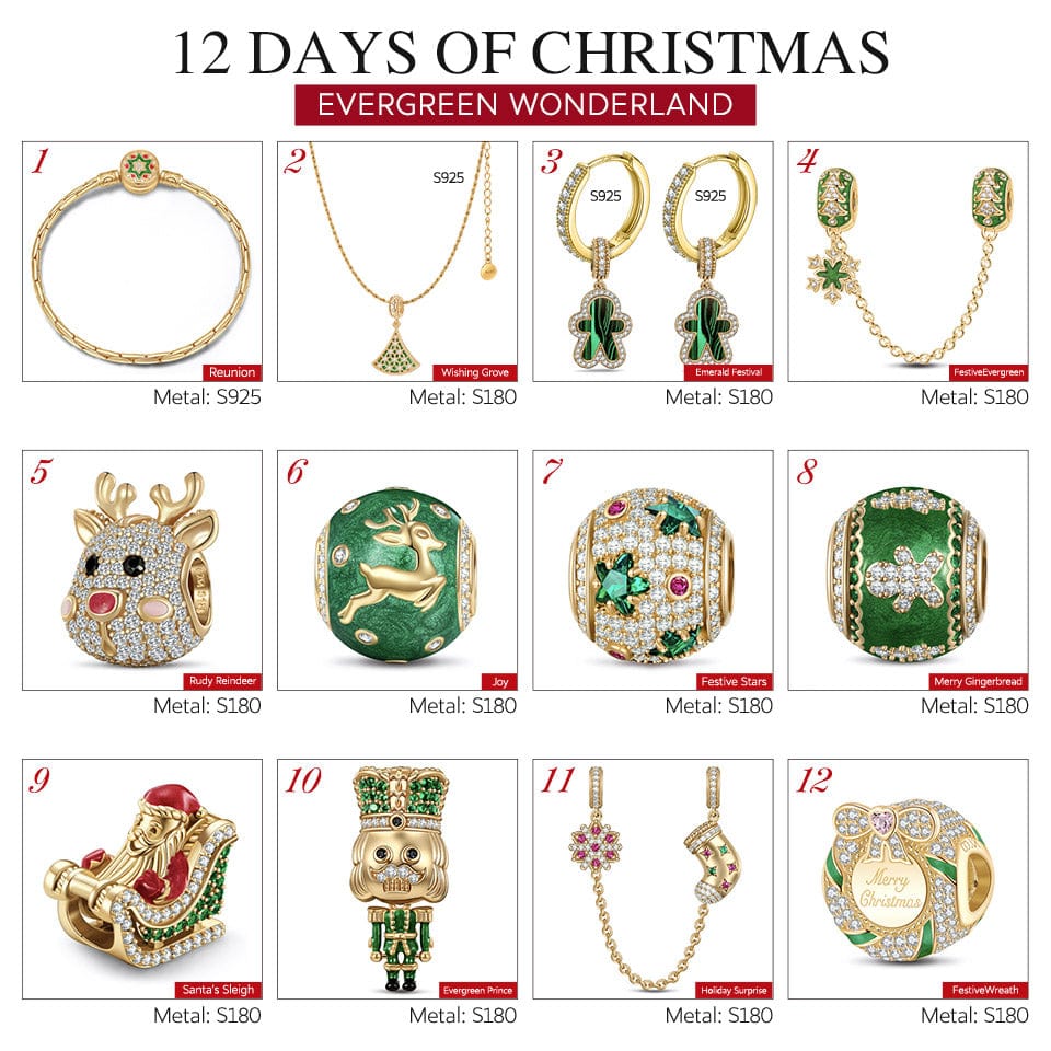 Black Friday Limited Special - The Iconic Advent Calendar - 12 Days Of Christmas Fine Jewelry Gift Set: Sterling Silver Evergreen Cheer Charms Earrings and Necklace and Bracelet Set With Enamel In 14K Gold Plated