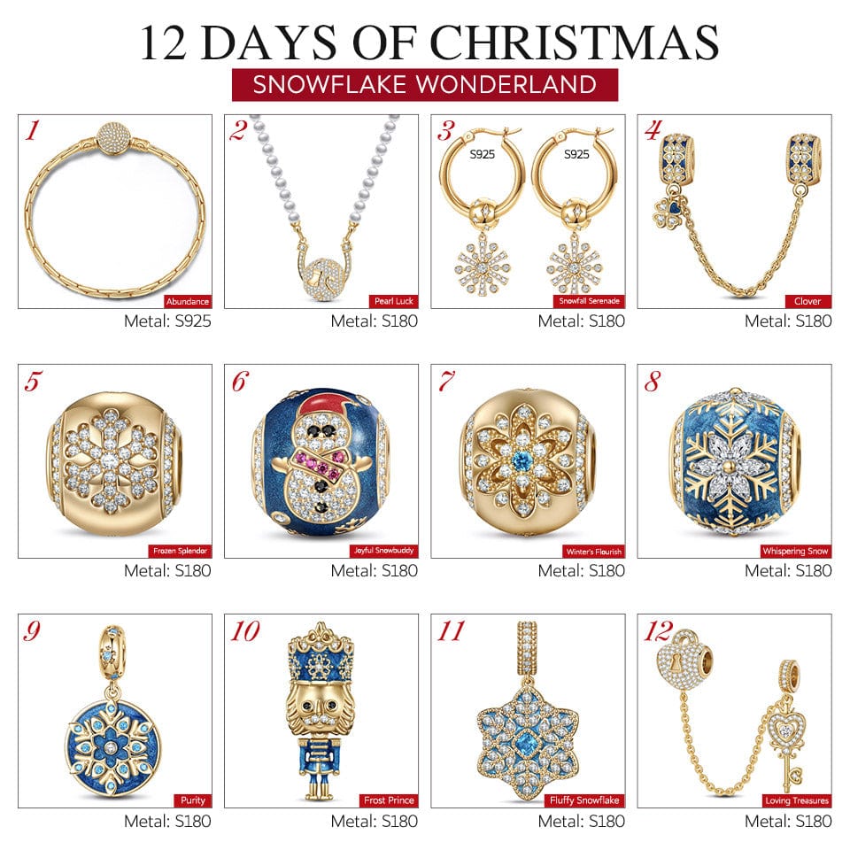 Limited Edition - The Iconic Advent Calendar - 12 Days Of Christmas Fine Jewelry Gift Set: Sterling Silver Snowfall Wonderland Charms Earrings and Necklace and Bracelet Set With Enamel In 14K Gold Plated