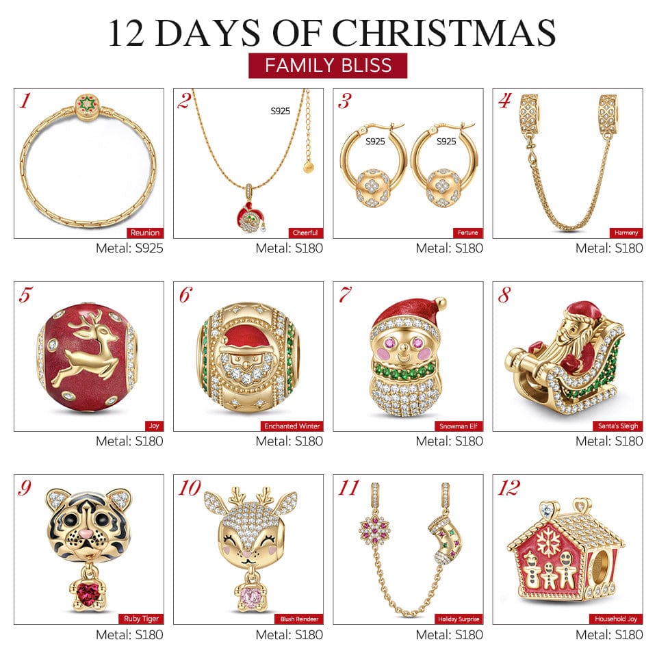 Limited Edition - The Iconic Advent Calendar - 12 Days Of Christmas Fine Jewelry Gift Set: Sterling Silver Santa's Sleigh Charms Earrings and Necklace and Bracelet Set With Enamel In 14K Gold Plated