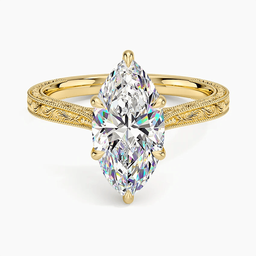 Royal Filigree · 2.0 CT Marquise Lab-Grown Diamond Engagement Ring with Engraved Milgrain Band in Solid 14K Yellow Gold · (Includes IGI Certification from International Gemological Institute)