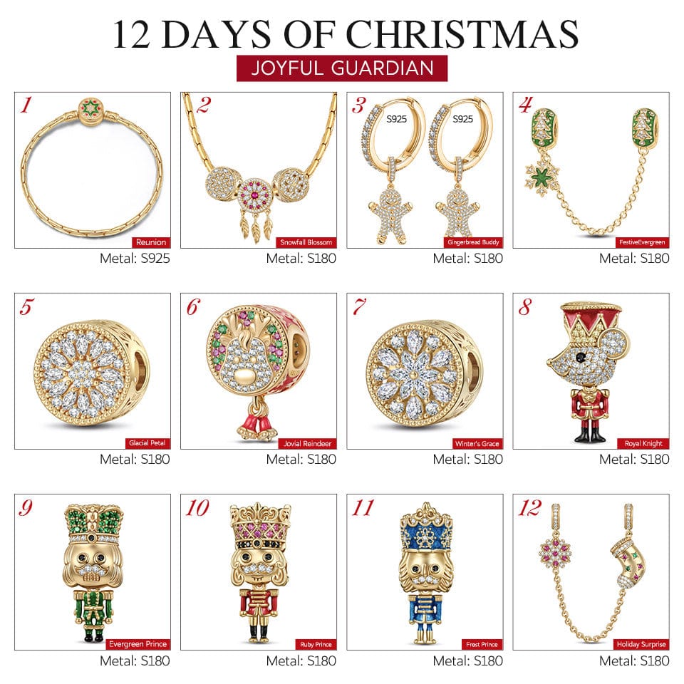 Limited Edition - The Iconic Advent Calendar - 12 Days Of Christmas Fine Jewelry Gift Set: Sterling Silver Snowflake Knights Charms Earrings and Necklace and Bracelet Set With Enamel In 14K Gold Plated