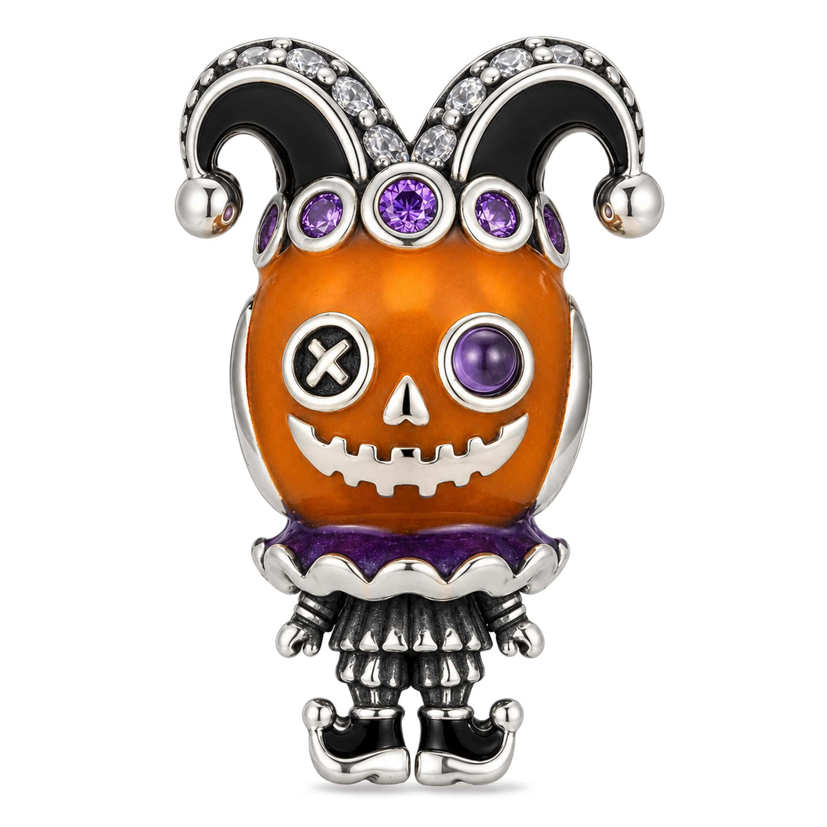 Blackened Solid 925 Sterling Silver Pumpkin Jester Dangle Charm With Purple Enamel