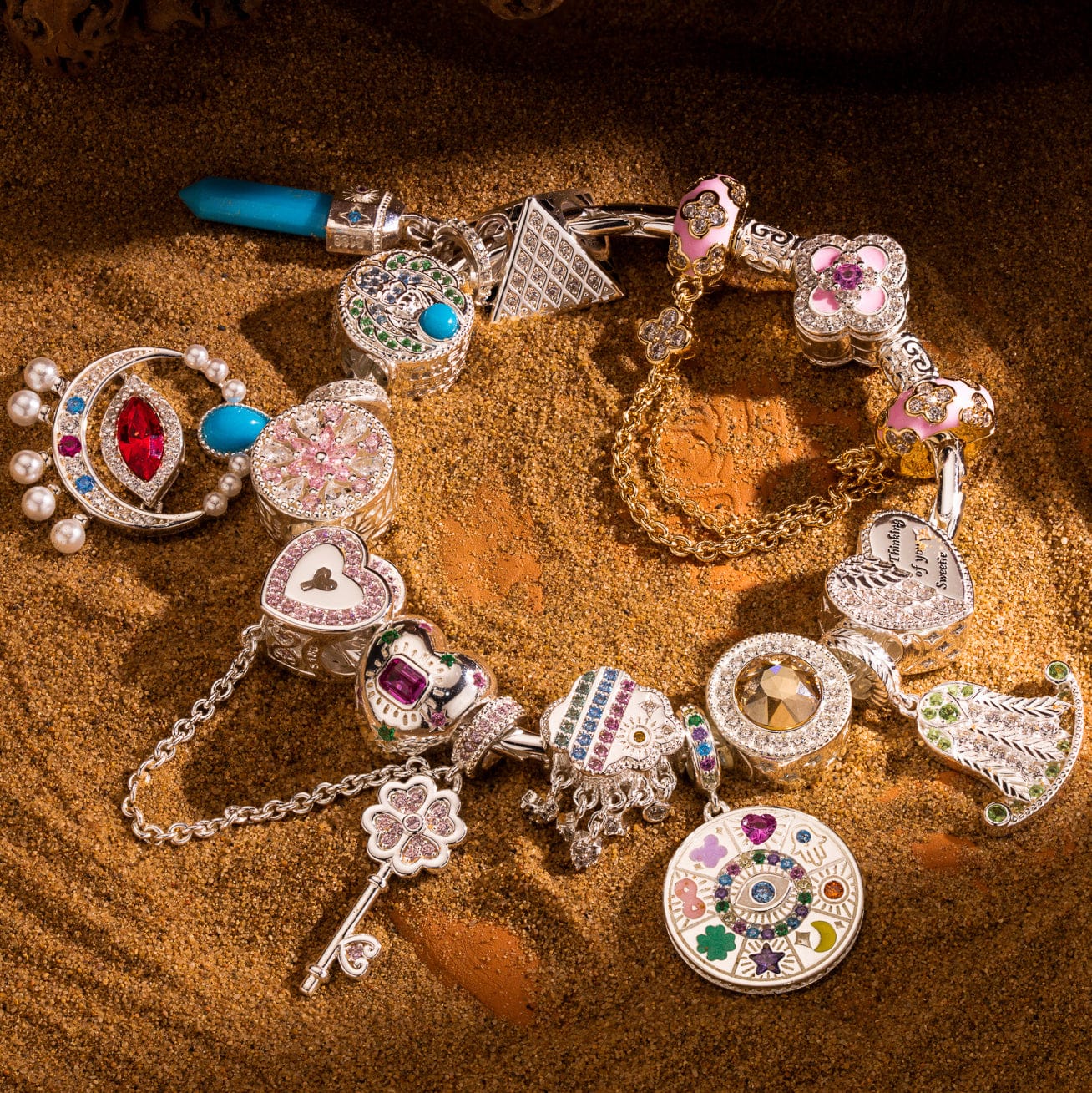 Sterling Silver Ancient Cipher Talisman Charms Bracelet - Set with Natural Turquoise (White Gold Plated, Includes Bracelet & All Charms Shown)