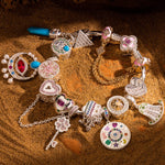 Sterling Silver Ancient Cipher Talisman Charms Bracelet - Set with Natural Turquoise (White Gold Plated, Includes Bracelet & All Charms Shown)