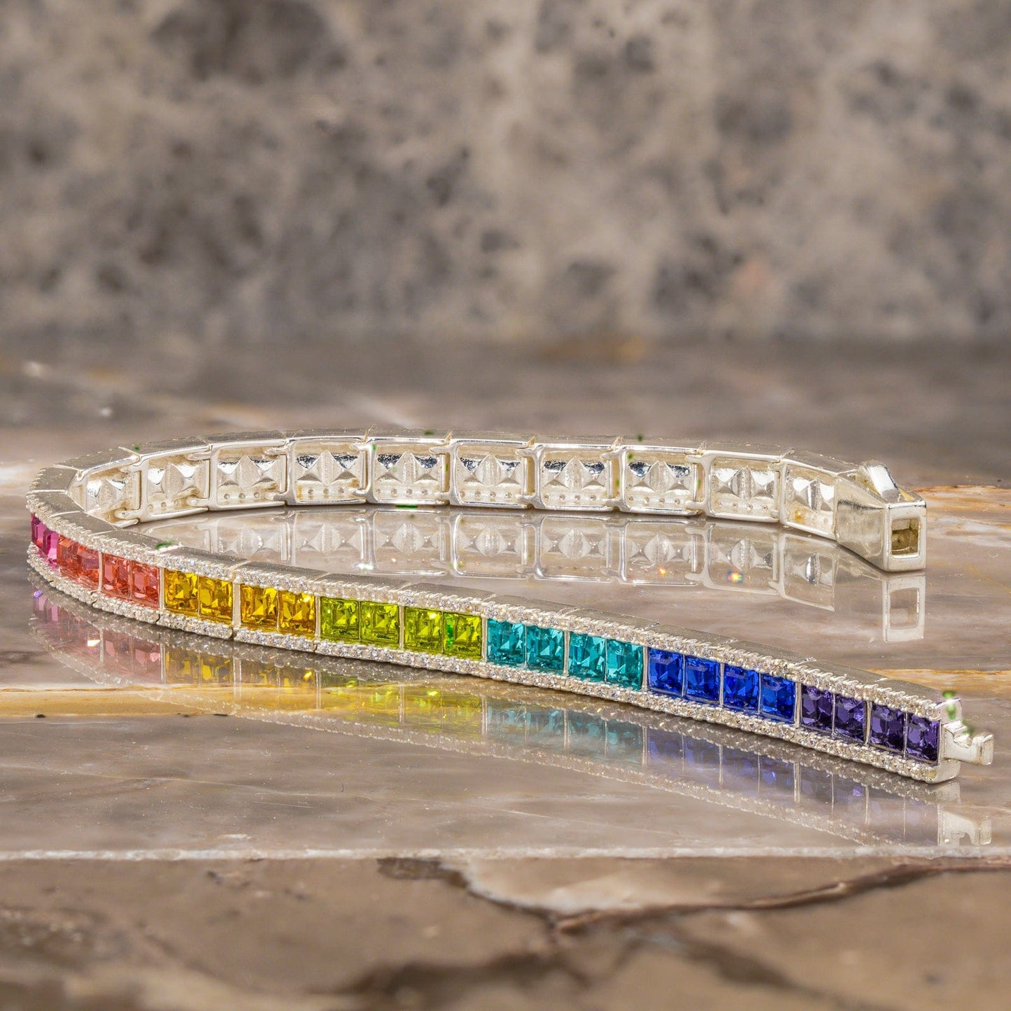 Rainbow Color Cascade Tennis Bracelet - White Gold Plated, Handcrafted with Swarovski® Crystals