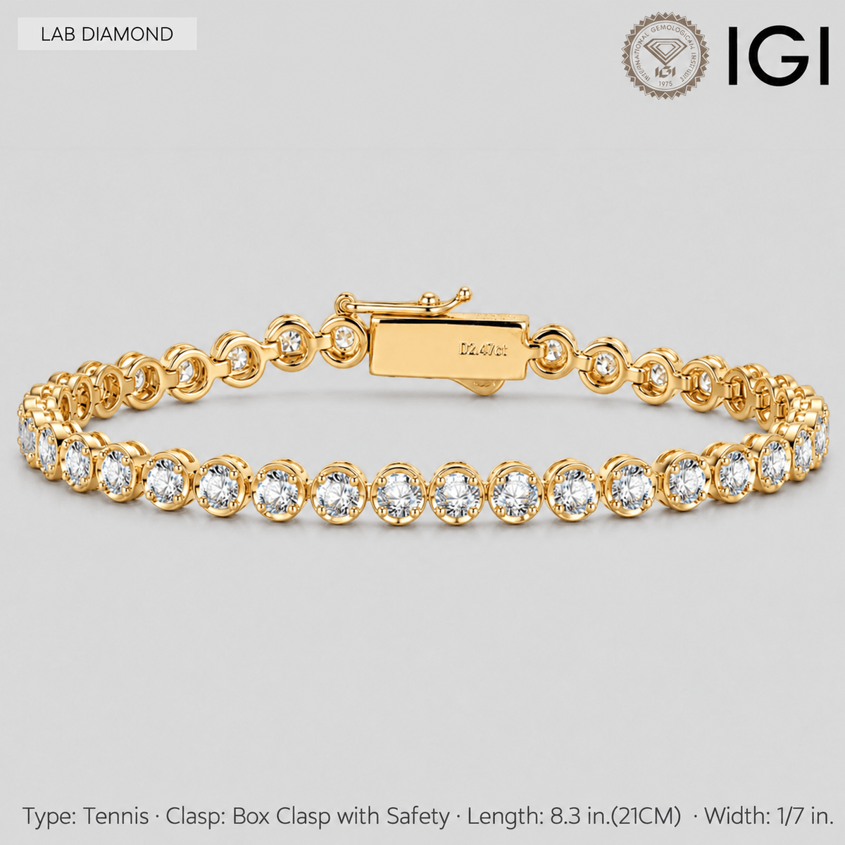 3.25 CTW Lab-Grown Diamond Tennis Bracelet in Gold-Tone Tarnish-Resistant Silver, 8.3 in / 21 cm (Includes IGI Certification from International Gemological Institute)