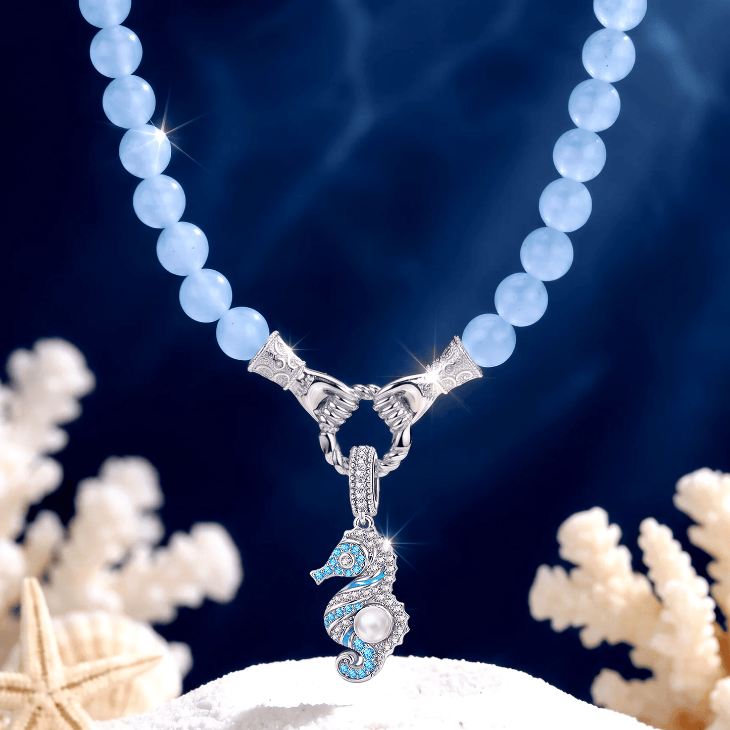 Coastal Seahorse Pearl Enamel Claddagh Hand Clasp Interchangeable Dangle Charm Holder Aquamarine Chalcedony Beaded Necklace in Tarnish-Resistant Silver