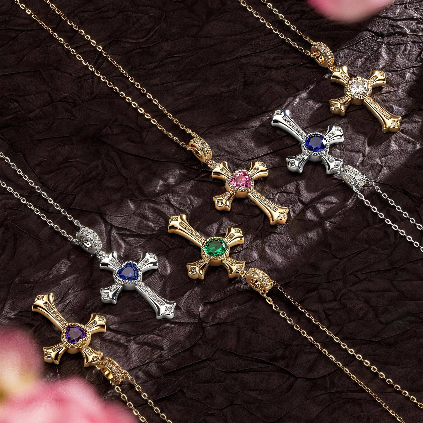 Sterling Silver Cross Necklace with Heart Shaped Sapphire In White Gold Plated (Includes GRC Certification from Gemstone Research Center)