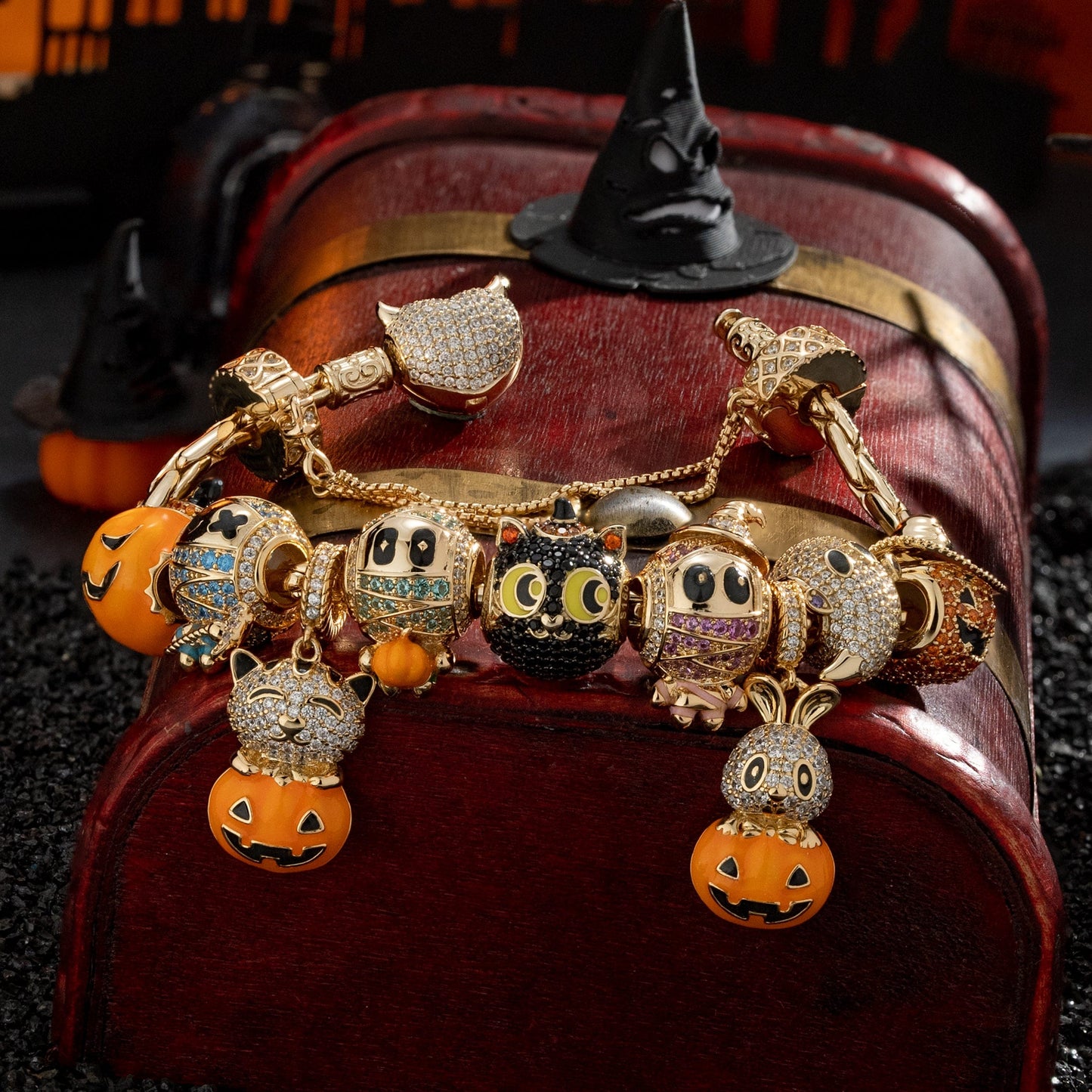Sterling Silver Whimsical Darkness Charms Bracelet Set With Enamel In 14K Gold Plated (Includes bracelet and all charms shown)