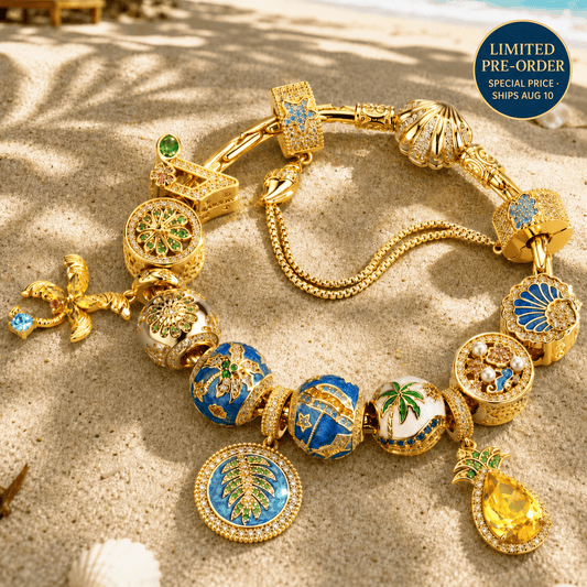 gona- [LIMITED PRE-ORDER SALE · SHIPS AUG 10] Sterling Silver Tropical Beach Paradise Curated Charm Bracelet Set with 14K Gold Plating (Includes Bracelet And All Charms Shown)