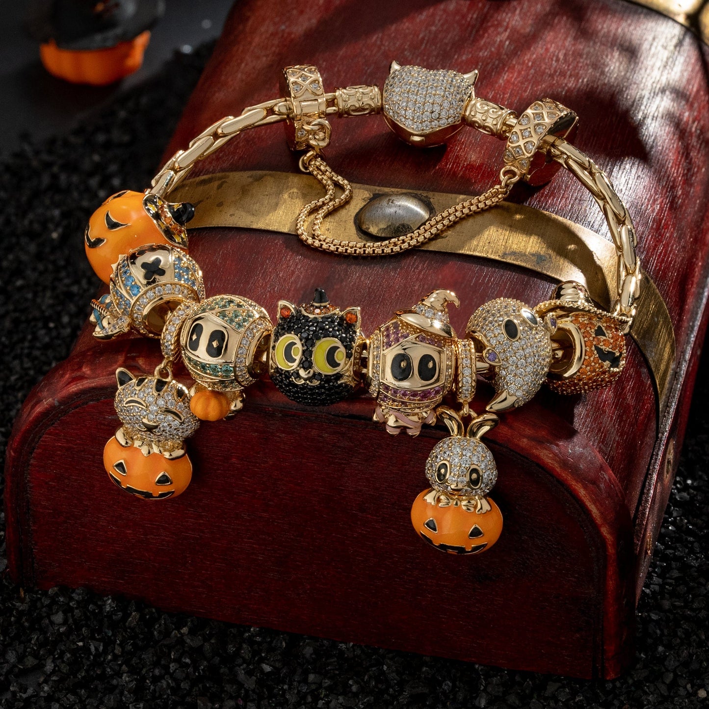 Sterling Silver Whimsical Darkness Charms Bracelet Set With Enamel In 14K Gold Plated (Includes bracelet and all charms shown)