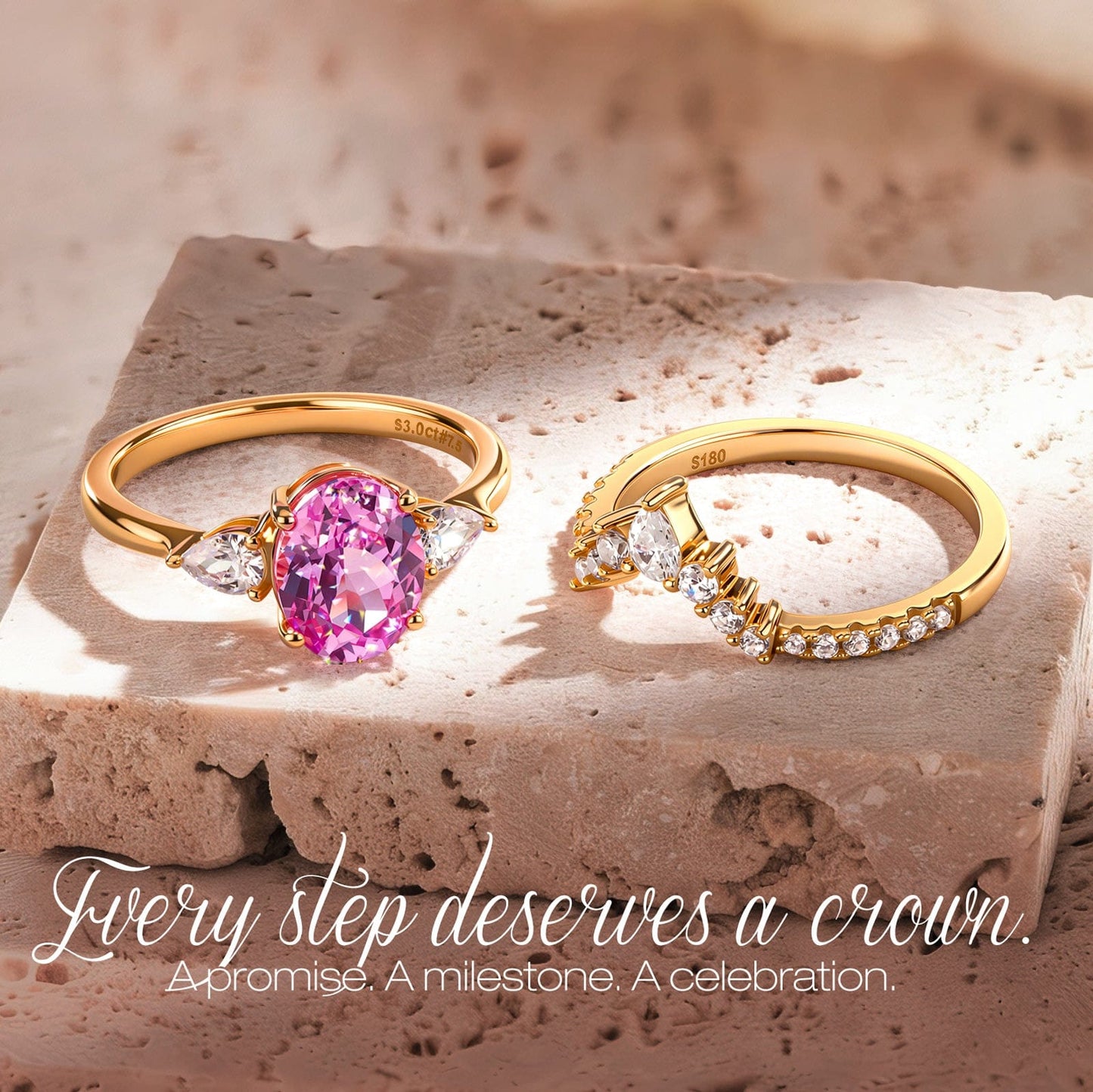 Oval Brilliant Cut Fancy Vivid Rose Hue Lab-Certified Pink Sapphire - Classic Stackable Ring Sets 14K Yellow Gold Plated (Includes GRC Certification from Gemstone Research Center)