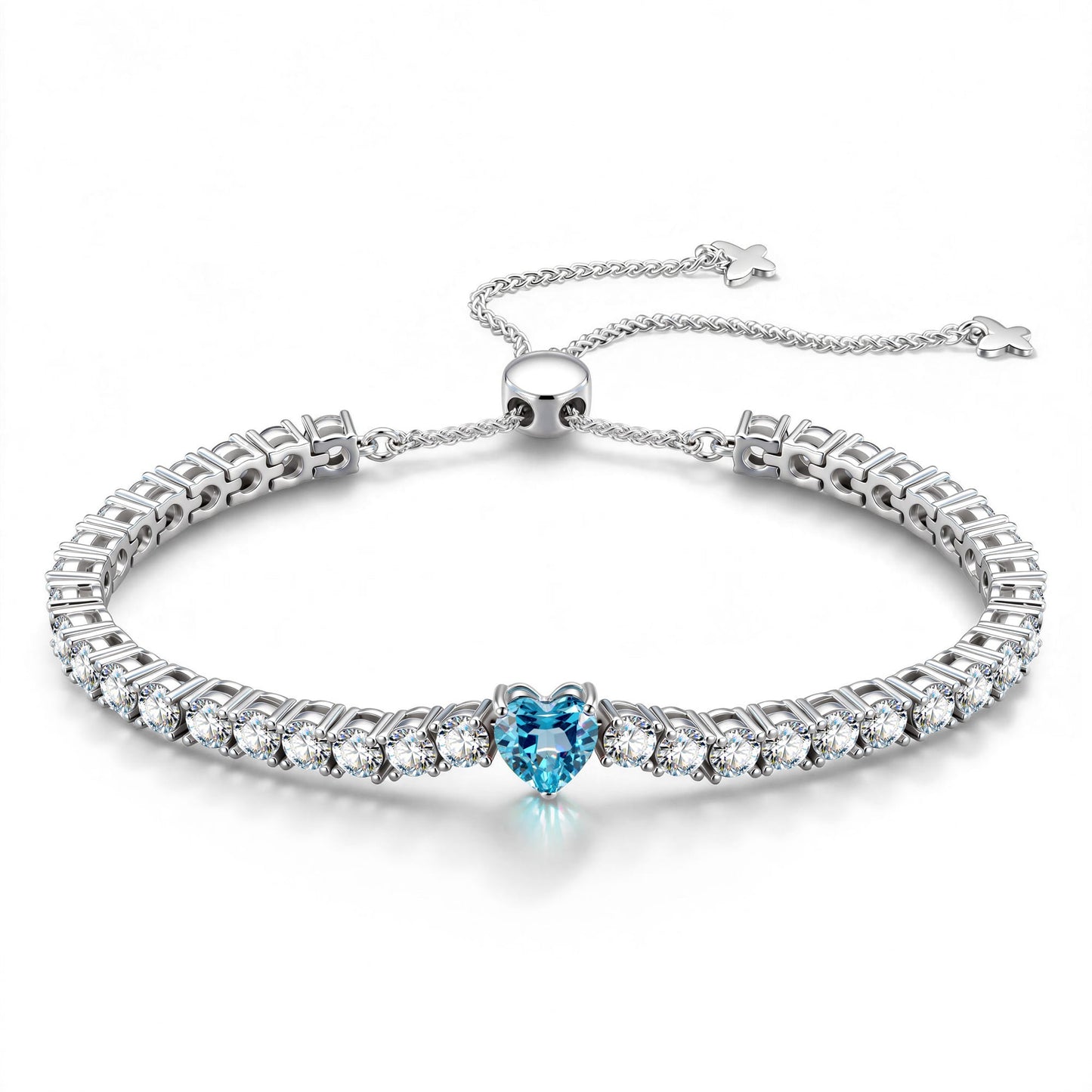 1.60 CT Santa Maria Vivid Blue Lab-Created Aquamarine Heart-Cut Center Stone Tennis Bracelet, March Birthstone Bracelet in White Gold-Plated Tarnish-Resistant Silver (Includes GRC Certification from Gemstone Research Center)