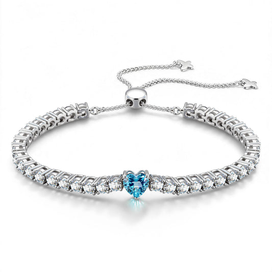 gona- 1.60 CT Santa Maria Vivid Blue Lab-Created Aquamarine Heart-Cut Center Stone Tennis Bracelet, March Birthstone Bracelet in White Gold-Plated Tarnish-Resistant Silver (Includes GRC Certification from Gemstone Research Center)