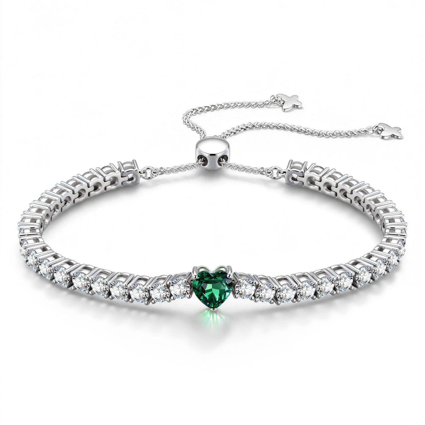 1.30 CT Muzo Green Lab-Created Emerald Heart-Cut Center Stone Tennis Bracelet, May Birthstone Bracelet in White Gold-Plated Tarnish-Resistant Silver (Includes GRC Certification from Gemstone Research Center)