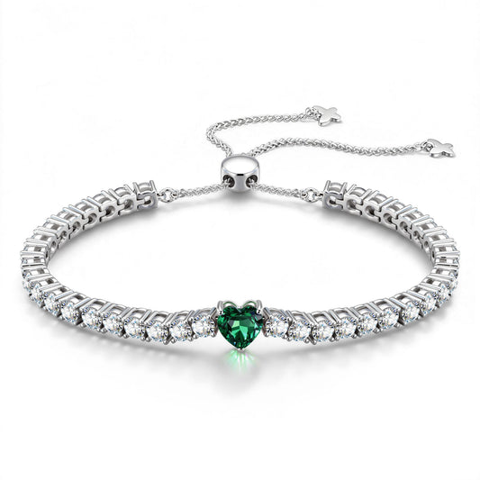 gona- 1.30 CT Muzo Green Lab-Created Emerald Heart-Cut Center Stone Tennis Bracelet, May Birthstone Bracelet in White Gold-Plated Tarnish-Resistant Silver (Includes GRC Certification from Gemstone Research Center)