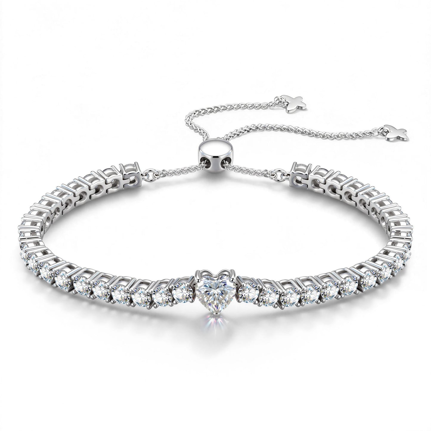 1.00 CT D Color VVS1 Moissanite Heart-Cut Center Stone Tennis Bracelet, April Birthstone Bracelet in White Gold-Plated Tarnish-Resistant Silver (Includes GRA Certification from Gemological Research Association)