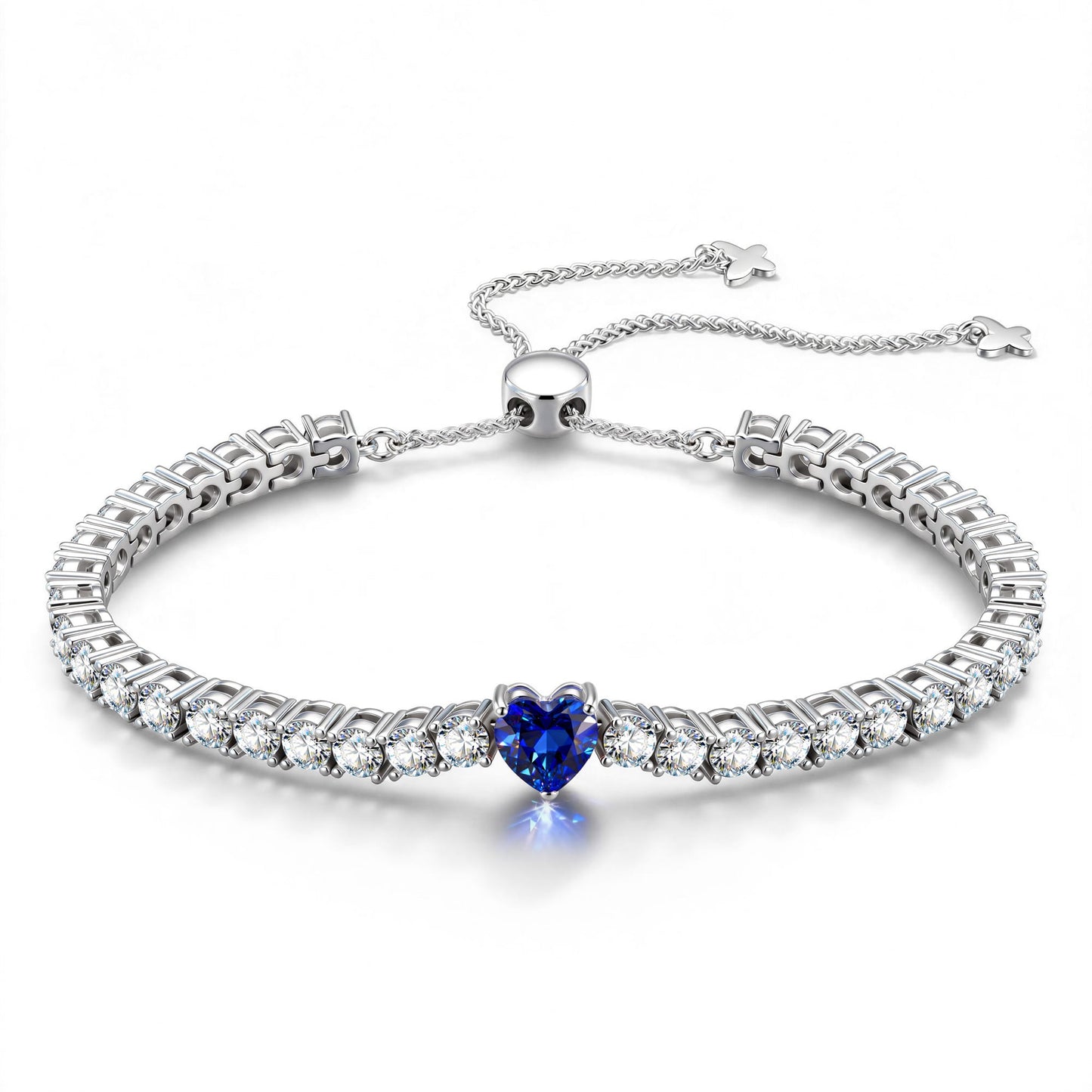 Lab-Created Heart Blue Sapphire Tarnish-Resistant Silver Chain Bracelet In White Gold Plated (Includes GRC Certification From Gemstone Research Center)