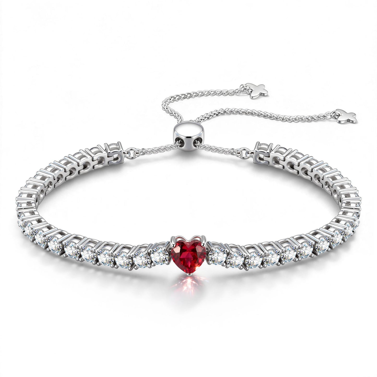 1.60 CT Pigeon Blood Red Lab-Created Ruby Heart-Cut Center Stone Tennis Bracelet, July Birthstone Bracelet in White Gold-Plated Tarnish-Resistant Silver (Includes GRC Certification from Gemstone Research Center)