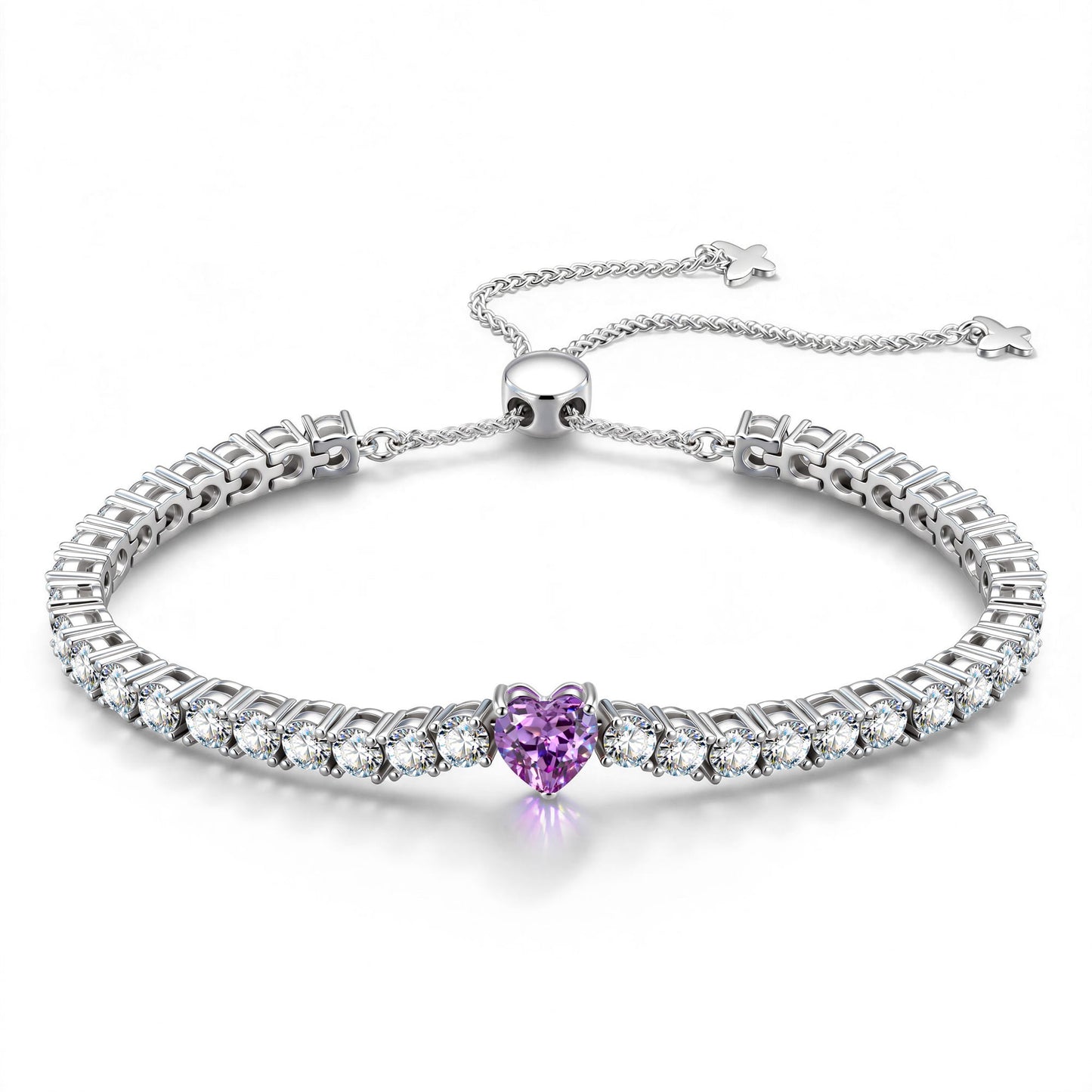 1.60 CT Violet Vivid Purple Lab-Created Sapphire Heart-Cut Center Stone Tennis Bracelet, June Birthstone Bracelet in White Gold-Plated Tarnish-Resistant Silver (Includes GRC Certification from Gemstone Research Center)