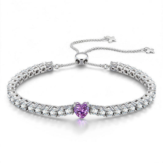 gona- 1.60 CT Violet Vivid Purple Lab-Created Sapphire Heart-Cut Center Stone Tennis Bracelet, June Birthstone Bracelet in White Gold-Plated Tarnish-Resistant Silver (Includes GRC Certification from Gemstone Research Center)