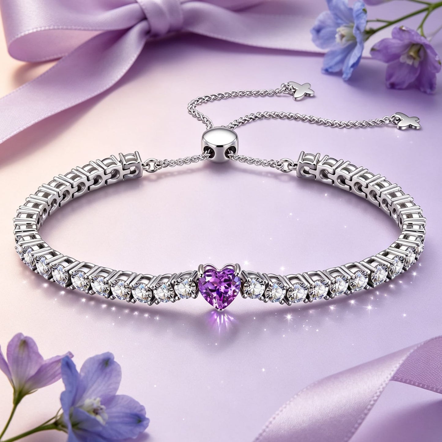 1.60 CT Violet Vivid Purple Lab-Created Sapphire Heart-Cut Center Stone Tennis Bracelet, June Birthstone Bracelet in White Gold-Plated Tarnish-Resistant Silver (Includes GRC Certification from Gemstone Research Center)