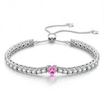 Lab-Created Heart Pink Sapphire Tarnish-Resistant Silver Chain Bracelet In White Gold Plated (Includes GRC Certification From Gemstone Research Center)
