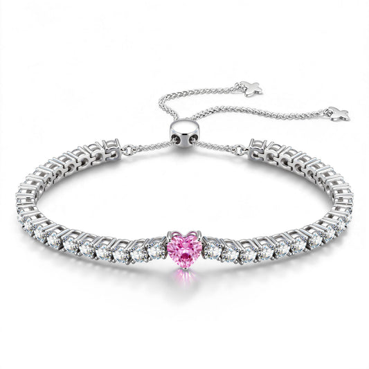 gona- 1.60 CT Fairy Pink Vivid Pink Lab-Created Sapphire Heart-Cut Center Stone Tennis Bracelet, October Birthstone Bracelet in White Gold-Plated Tarnish-Resistant Silver (Includes GRC Certification from Gemstone Research Center)