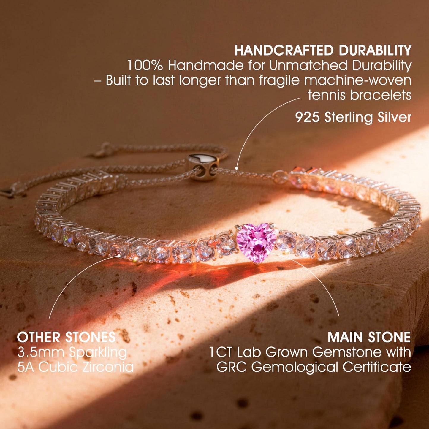 Lab-Created Heart Pink Sapphire Tarnish-Resistant Silver Chain Bracelet In White Gold Plated (Includes GRC Certification From Gemstone Research Center)