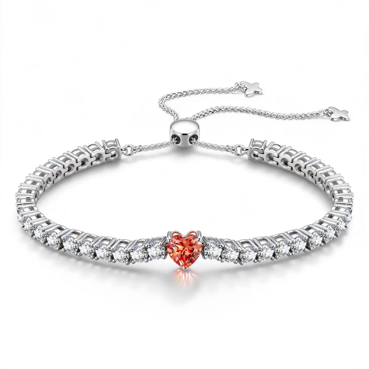 1.60 CT Padparadscha Pinkish Orange Lab-Created Sapphire Heart-Cut Center Stone Tennis Bracelet, January Birthstone Bracelet in White Gold-Plated Tarnish-Resistant Silver (Includes GRC Certification from Gemstone Research Center)