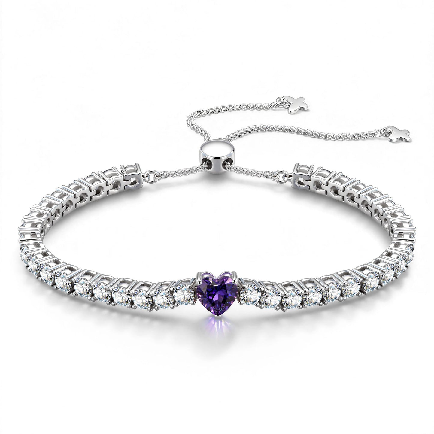 1.60 CT Violet Vivid Purple Lab-Created Sapphire Heart-Cut Center Stone Tennis Bracelet, February Birthstone Bracelet in White Gold-Plated Tarnish-Resistant Silver (Includes GRC Certification from Gemstone Research Center)