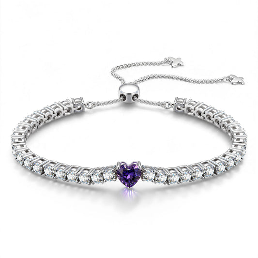 gona- 1.60 CT Violet Vivid Purple Lab-Created Sapphire Heart-Cut Center Stone Tennis Bracelet, February Birthstone Bracelet in White Gold-Plated Tarnish-Resistant Silver (Includes GRC Certification from Gemstone Research Center)