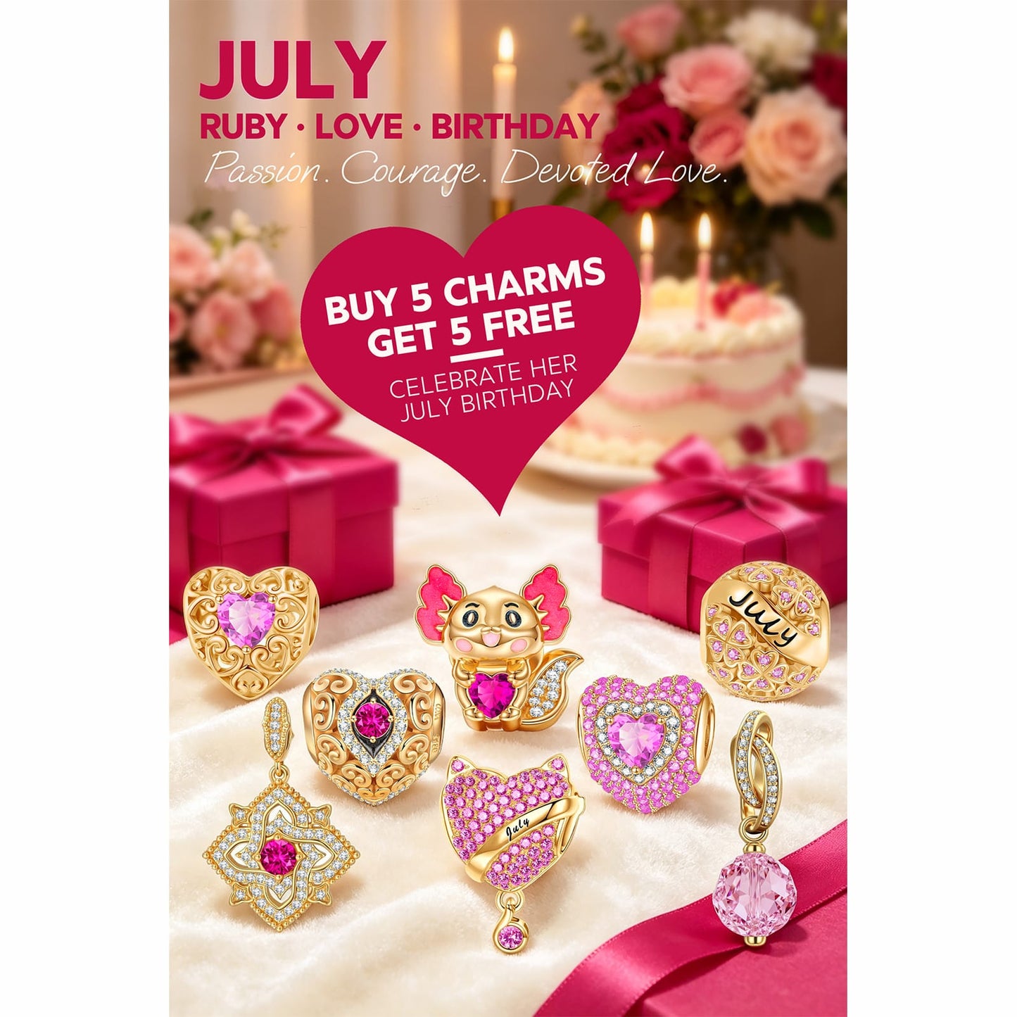 July Fox Birthday Stone Tarnish-resistant Silver Dangle Charms In 14K Gold Plated
