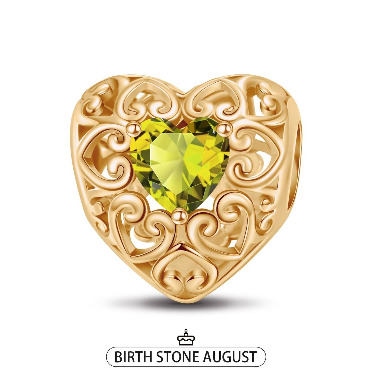 August Golden Love Heart Birthstone Tarnish-resistant Silver Charms In 14K Gold Plated