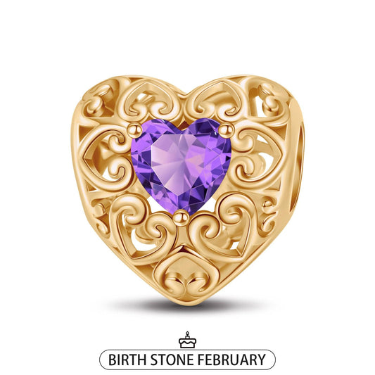 gon- February Golden Love Heart Birthstone Tarnish-resistant Silver Charms In 14K Gold Plated