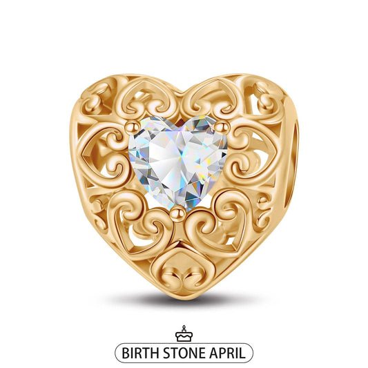 gon- April Golden Love Heart Birthstone Tarnish-resistant Silver Charms In 14K Gold Plated