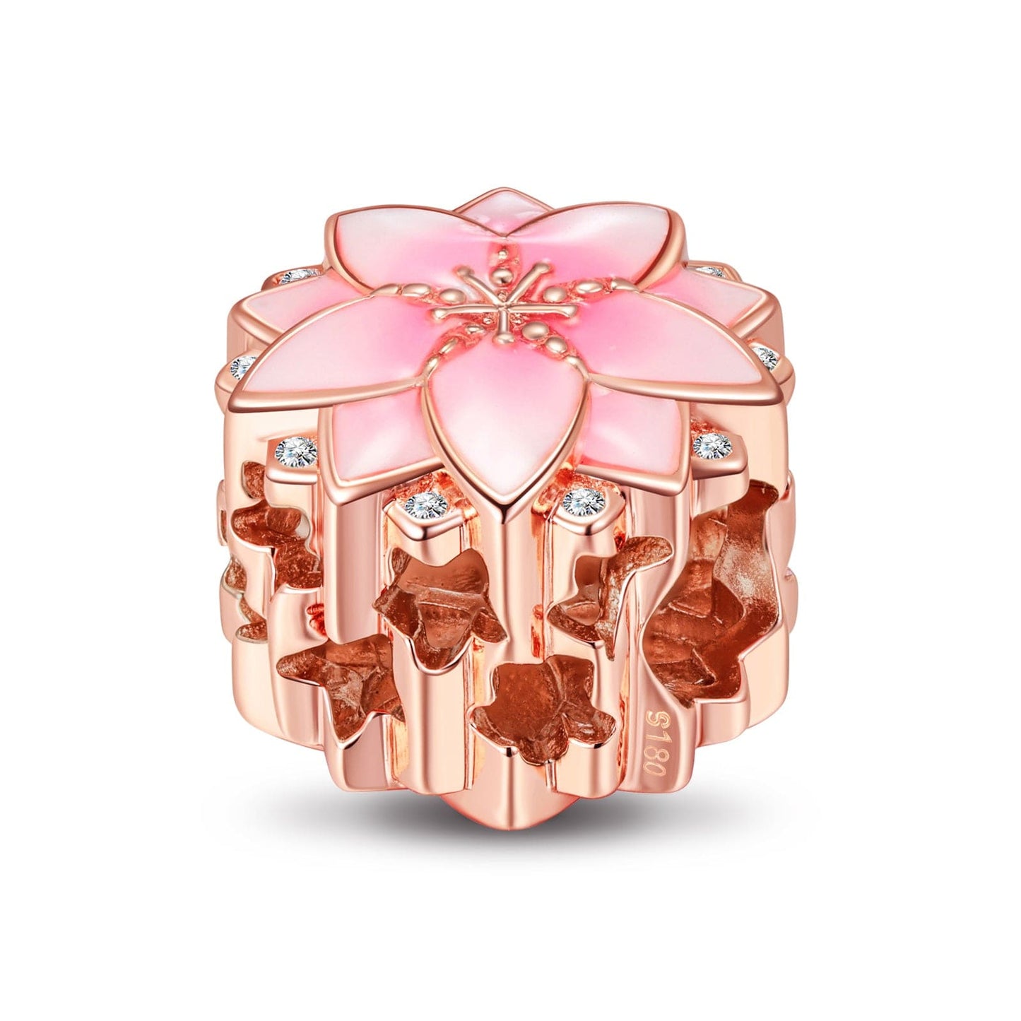 Pink Cherry Tarnish-resistant Silver Charms With Enamel In Rose Gold Plated