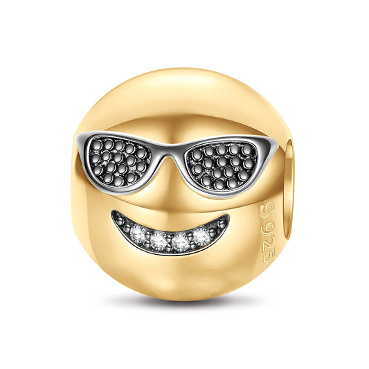 gon- Sterling Silver Smiling With Sunglasses Emoji Charms With Enamel In 14K Gold Plated