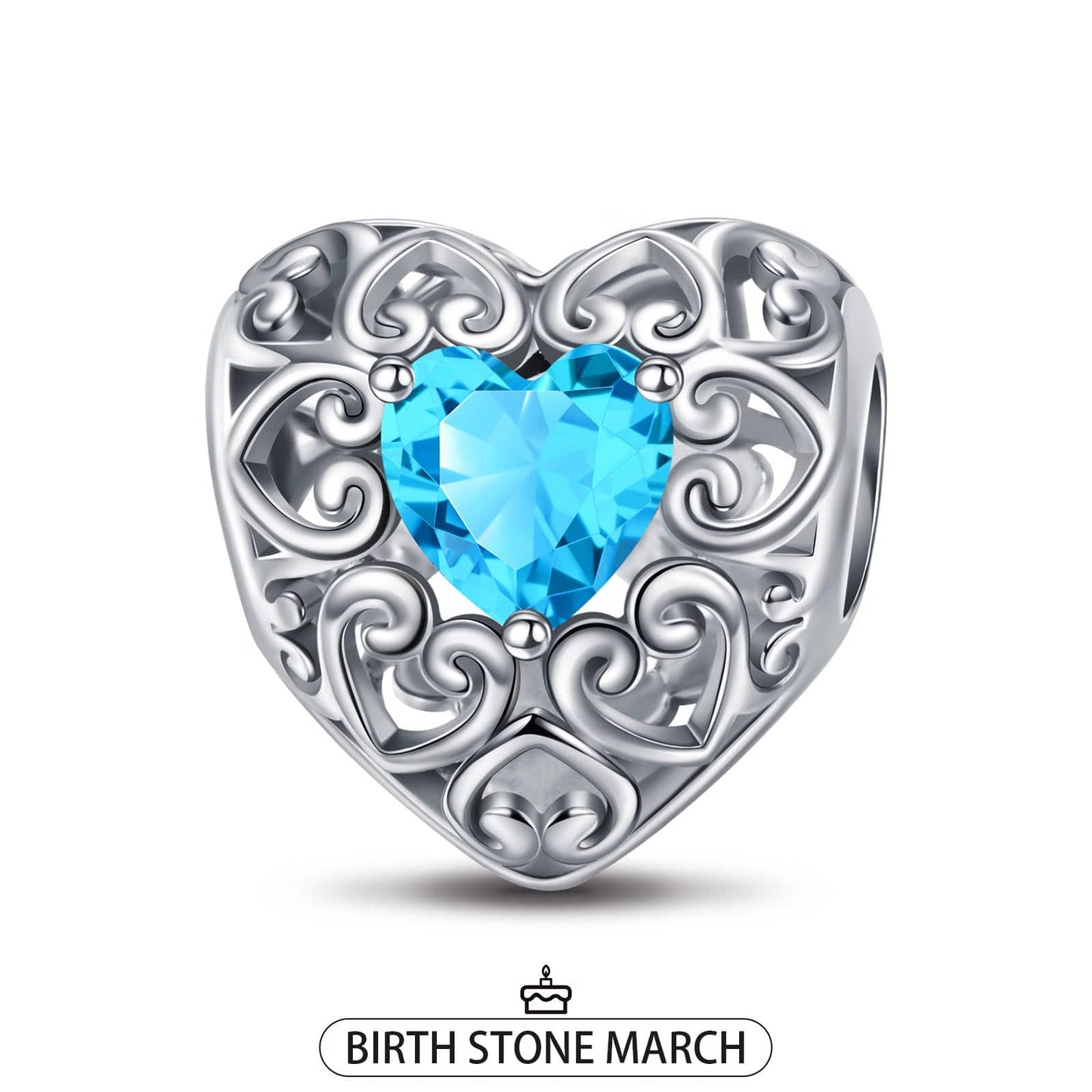 Sterling Silver Love Heart Birthstone March Charms In White Gold Plated