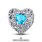 Sterling Silver Love Heart Birthstone March Charms In White Gold Plated