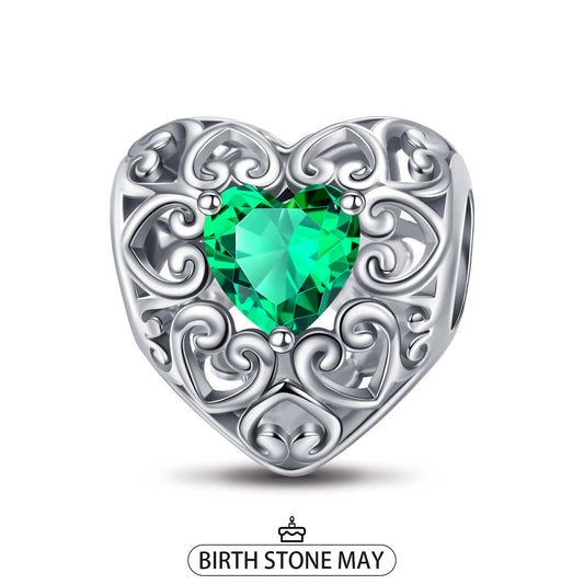 gon- Sterling Silver Love Heart Birthstone May Charms In White Gold Plated